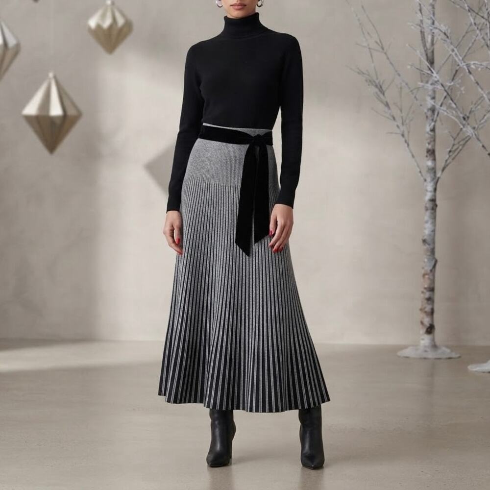 Bailey 44 Nadine Knit Pleated Maxi Skirt XS Black White Velvet Tie French Chic
